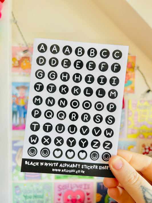 Black & White Alphabet Paper Stickers Sheet